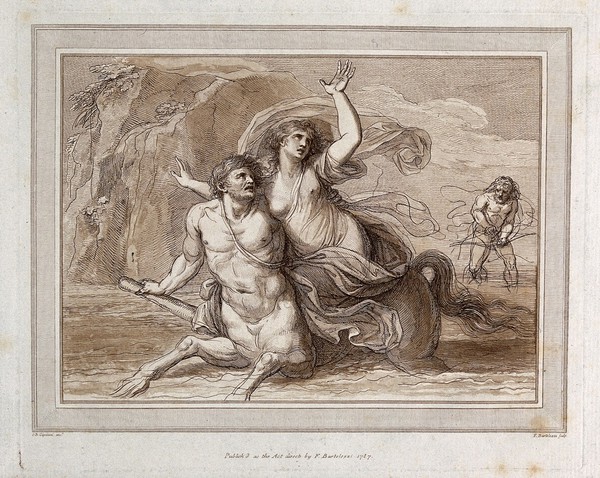 The centaur Nessus carrying off Deianeira. Etching with aquatint by F. Bartolozzi after G.B. Cipriani.