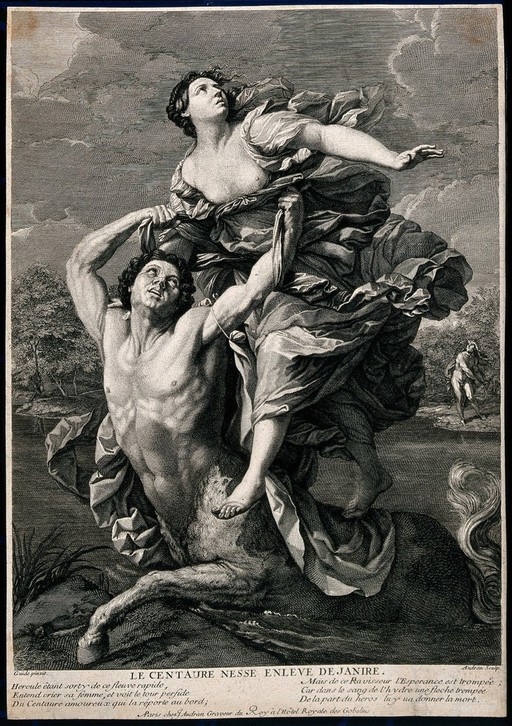 The centaur Nessus carrying off Deianeira. Engraving by J.Audran after G. Reni.