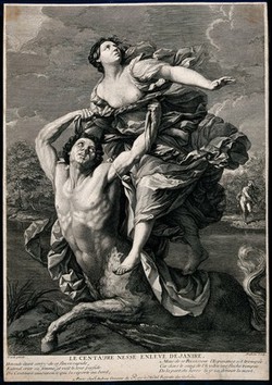 The centaur Nessus carrying off Deianeira. Etching with