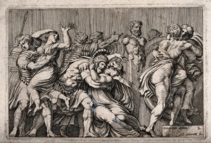 view The rape of the Sabine women. Etching by G.B. Galestruzzi after Polidoro da Caravaggio.