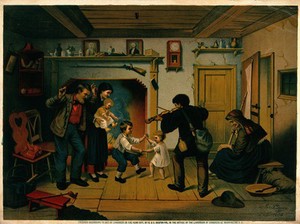 view A young black man playing the violin for a white family in their house: a man, his wife and their two children are dancing by the fireplace while an old lady is seated on a bench. Colour lithograph by Jas. F. Queen, 1877, after A. Dircks.