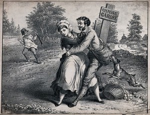 view A man attempting to embrace a young woman, a dog biting his bag; a guard holding a sword in the background. Lithograph, ca. 1860.