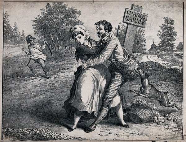 A man attempting to embrace a young woman, a dog biting his bag; a guard holding a sword in the background. Lithograph, ca. 1860.