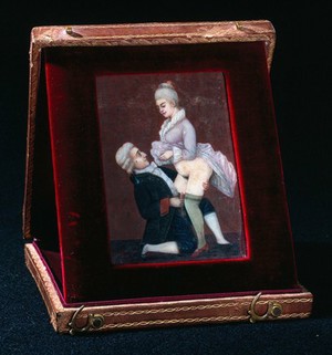 view A man with one knee on the ground and a standing woman about to engage in sexual intercourse. Painting, 17--.