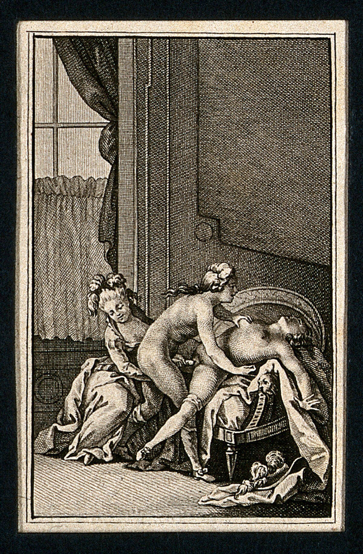 A Man And Two Women Engaged In Sexual Intercourse Leaning