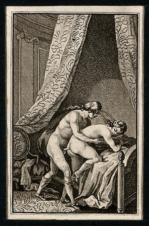 view A man and a woman engaged in sexual intercourse leaning on a canopied neoclassical bed. Etching, ca. 1780.