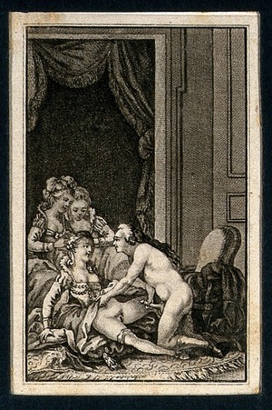 view A man and a woman about to engage in sexual intercourse; two ladies watching in the background. Etching, ca. 1780.