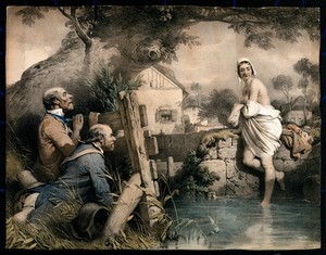 view Two men hidden behind a fence are watching a young woman bathing; cottages in the background. Coloured lithograph by L. Noël after E. Lepoittevin, 1847.