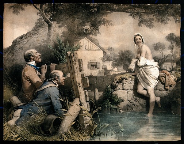 Two men hidden behind a fence are watching a young woman bathing; cottages in the background. Coloured lithograph by L. Noël after E. Lepoittevin, 1847.