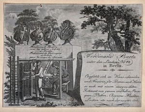 view Ferdinand Bartz and an assistant making wigs in Unter den Linden, Berlin; four busts on a pedestal. Engraving, 17--.