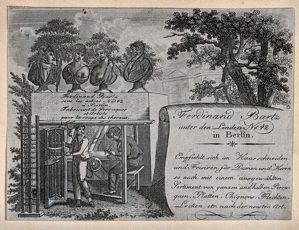 Ferdinand Bartz and an assistant making wigs in Unter den Linden, Berlin; four busts on a pedestal. Engraving, 17--.