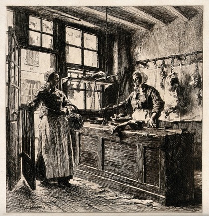 A woman stands behind the counter of a butcher's shop in France weighing meat on the scales for a customer. Etching by L. Lhermitte, 1881.