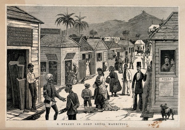 People walking in a street of Port Louis, Mauritius. Wood engraving after H.G. Robley, 1881.