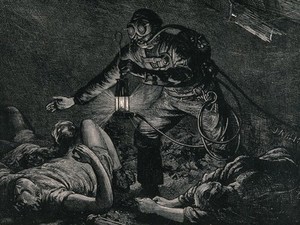 view A man in a mine, using safety apparatus invented by Auguste Denayrouze, finds asphyxiated miners. Wood engraving by J. Nash, 1874.