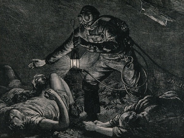 A man in a mine, using safety apparatus invented by Auguste Denayrouze, finds asphyxiated miners. Wood engraving by J. Nash, 1874.