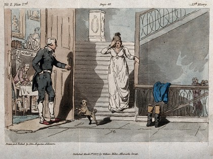 A young woman preceded by a lap-dog is coming down the stairs of a grand house; a man is standing by an open door; servant carrying a tray in the background. Etching by J.A. Atkinson after himself, 1 March 1807.