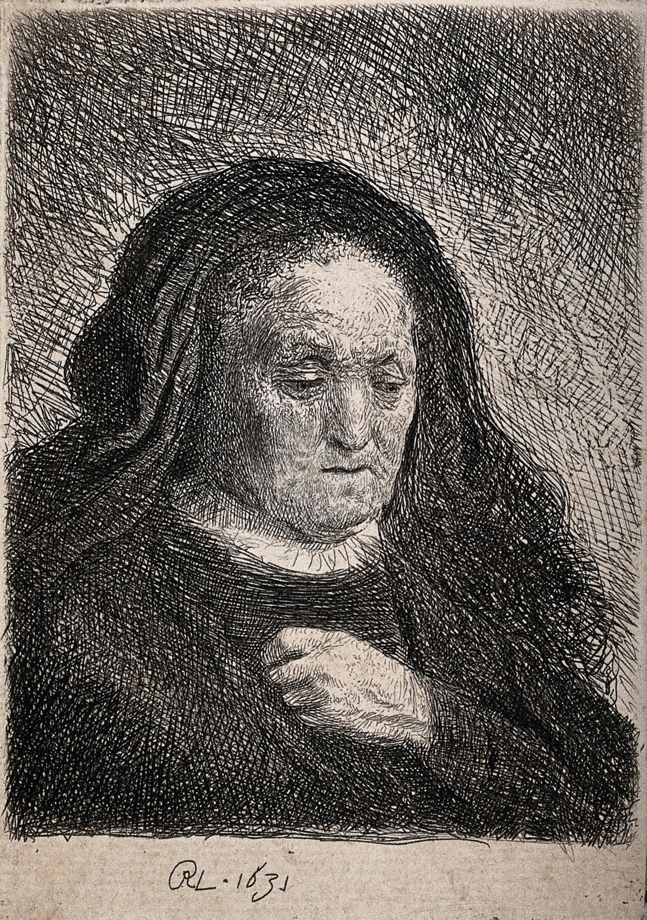 An old woman wearing a black veil, identified as Rembrandt's mother. Etching by or after Rembrandt van Rijn, 1631., 1631, by Rembrandt