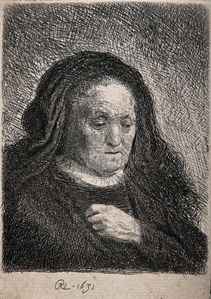 view An old woman wearing a black veil, identified as Rembrandt's mother. Etching by or after Rembrandt van Rijn, 1631.