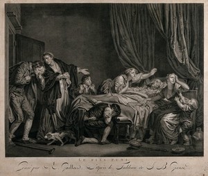 view A father has died and is mourned by his wife and children, as his eldest son returns from the wars, distraught by his arrival too late to see his father alive. Engraving by R. Gaillard, 1781, after J.B. Greuze.