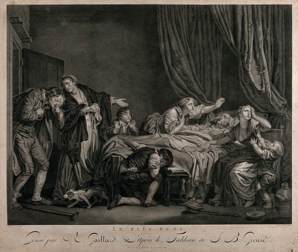A father has died and is mourned by his wife and children, as his eldest son returns from the wars, distraught by his arrival too late to see his father alive. Engraving by R. Gaillard, 1781, after J.B. Greuze.