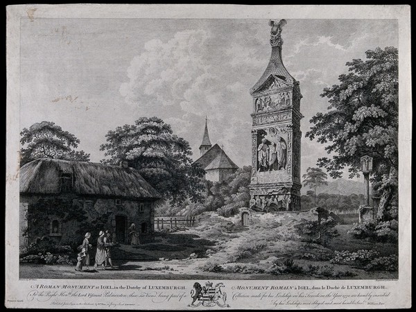 A Roman tomb at Igel, Luxemburg; people in the foreground, a church in the background. Engraving by E. Rooker after W. Pars, 1774.