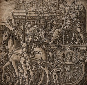 view The processional entry of a victorious general into ancient Rome. Chiaroscuro woodcut by Andrea Andreani after Andrea Mantegna.