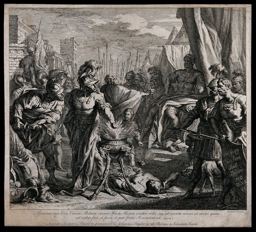 Gaius Mucius Scaevola's ordeal by fire: Gaius Mucius is holding his outstretched arm over the fire blazing in a cauldron before the king, watched by a crowd of soldiers. Etching by J. Goupy, 1726.