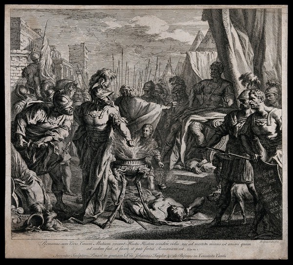 Gaius Mucius Scaevola's ordeal by fire: Gaius Mucius is holding his outstretched arm over the fire blazing in a cauldron before the king, watched by a crowd of soldiers. Etching by J. Goupy, 1726.