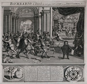 view The burghers of the Dutch Republic are celebrating the death of Pope Clement XI; they are led by Death and devils to a picture showing the dying Clement XI and the new pope, Innocent XIII. Etching.