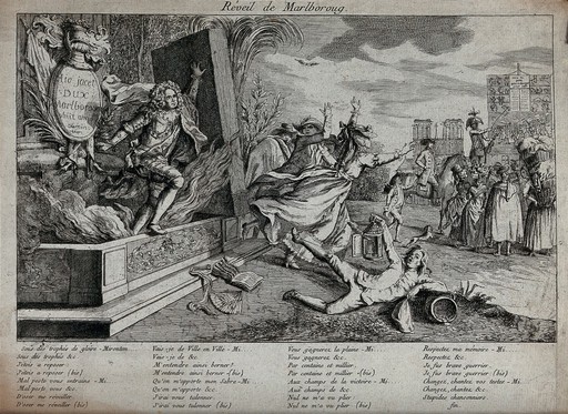 The Duke of Marlborough bursting out of his tomb in a fiery blaze with passer-by fleeing head over heels. Etching.