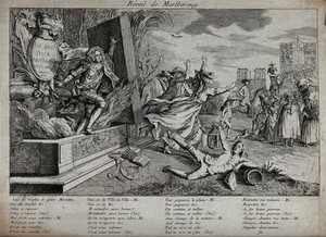 view The Duke of Marlborough bursting out of his tomb to protest against a song about him which had become popular in France in 1782. Etching, 1783.