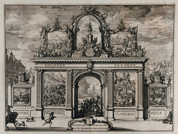 A triumphal arch in the Hague in honour of King William III, containing paintings of his deeds. Etching by R. de Hooghe, 1691.