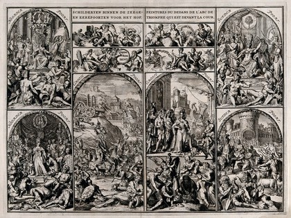 Details of the paintings on the triumphal arch in the courtyard of William III of Orange in The Hague, showing scenes from victorious battles in antiquity and mythological subjects. Engraving.