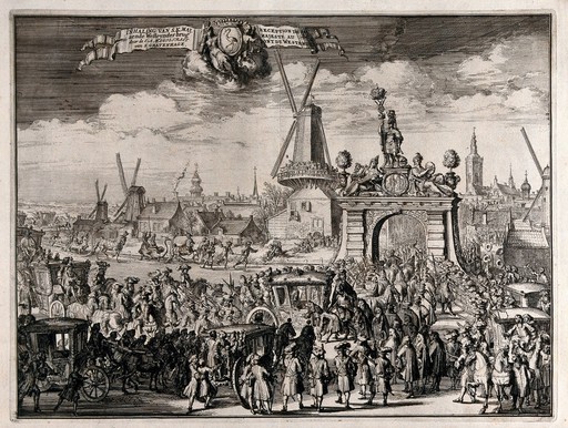 The processional entry of William III into The Hague through the bridge in the Westend. Etching.