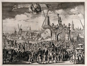 view The processional entry of William III into The Hague through the bridge in the Westend. Etching.