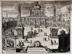 view Triumphal arch, erected in honour of William III of Orange, in the marketplace at The Hague. Etching.