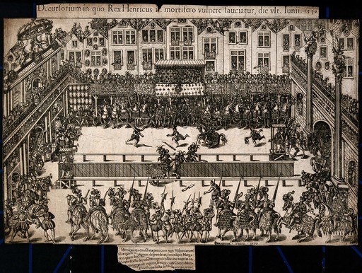 The jousting match at the Hôtel des Tournelles in Paris in 1559, in which Henri II of France loses his life. Etching.