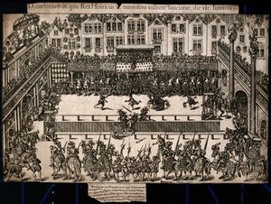 view The jousting match at the Hôtel des Tournelles in Paris in 1559, in which Henri II of France loses his life. Etching by J. Perrissin, ca. 1570.