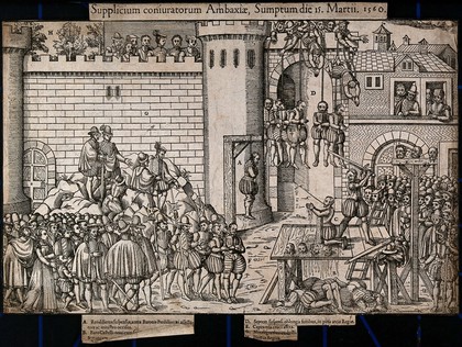 Executions of Huguenots after the Huguenot conspiracy of Amboise in 1560: some conspirators are hung by the neck from a tower, others are beheaded. Woodcut by J. Perrissin, ca. 1570.