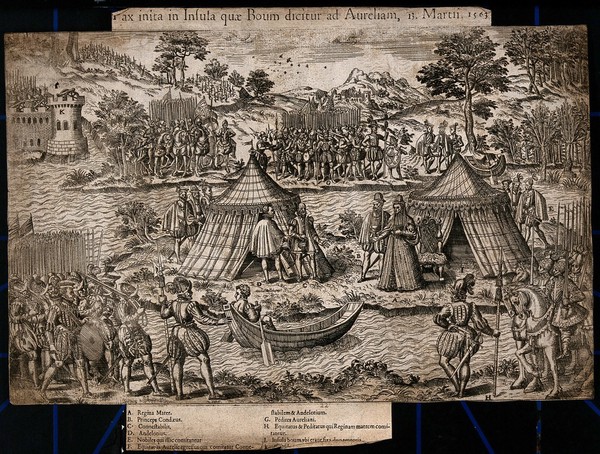Île aux Bœufs, Loire: negotiations for the Pacification of Amboise in 1563 between the Queen Mother (regent for Charles IX), and the Huguenots, showing her receiving deputies at her tent. Etching attributed to J. Perrissin, ca. 1570.