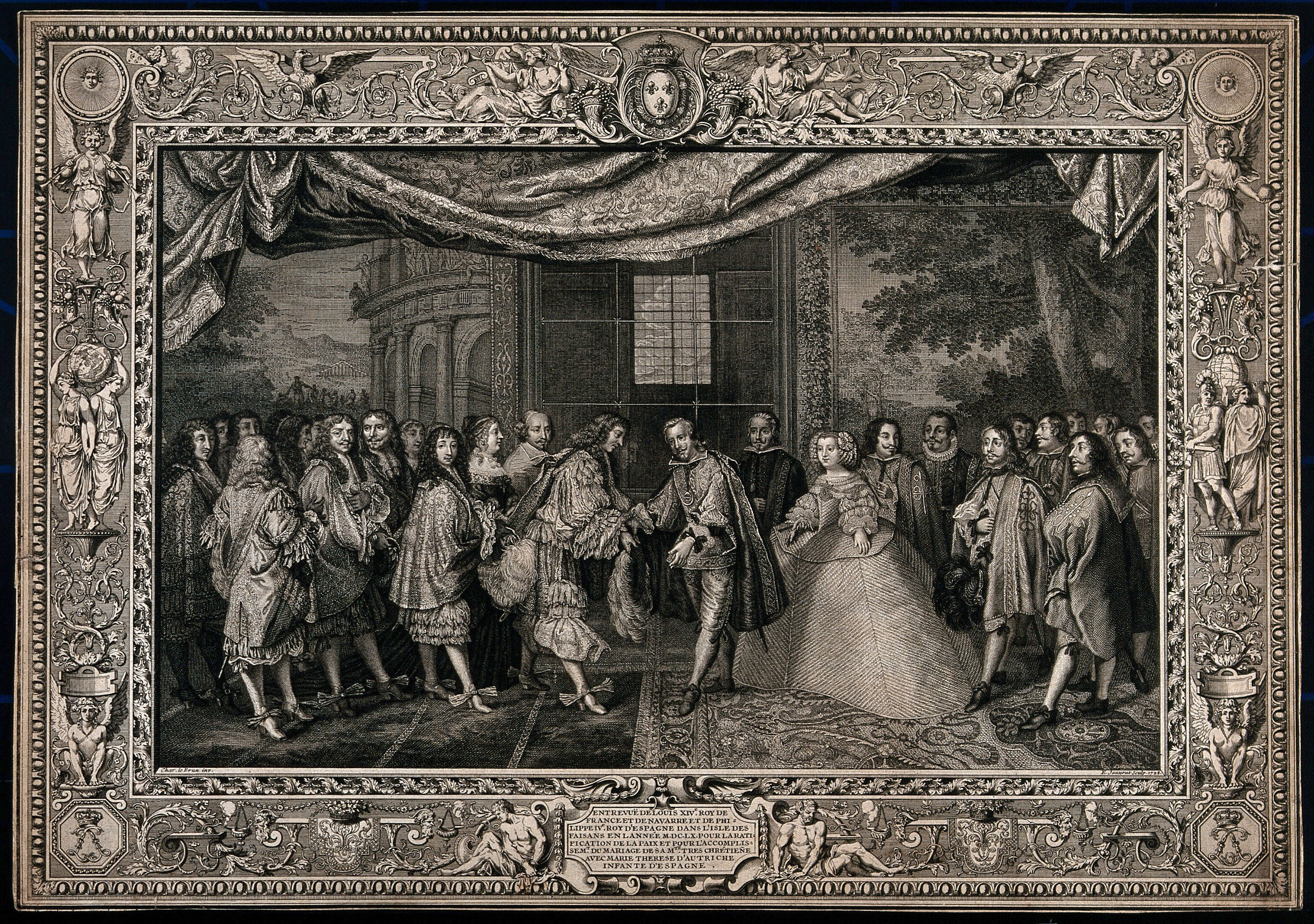 A Treaty Between Louis Xiv Of France Left Attended By Cardinal