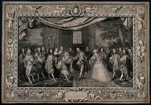 view A treaty between Louis XIV of France (left, attended by Cardinal Mazarin), and Philip IV of Spain. Stipple engraving with etching by E. Jeaurat after C. Le Brun, 1728.