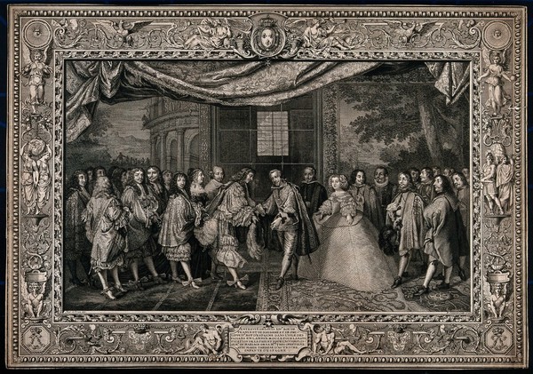 A treaty between Louis XIV of France (left, attended by Cardinal Mazarin), and Philip IV of Spain. Stipple engraving with etching by E. Jeaurat after C. Le Brun, 1728.