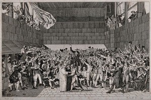 view Oath of the Tennis Court: the deputies of the third estate meeting in the tennis court at the Château of Versailles, swearing not to disperse until a constitution is assured. Etching by L-F. Couché after J. L. David.