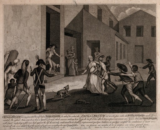 Cecilia Renaud is apprehended by soldiers after being suspected of intending to assassinate Robespierre. Stipple engraving by Idnarpile after J. H. Fragonard.