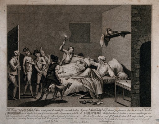 The followers of Robespierre entering the prison cell in which Loiserolle and his son are kept. They come to take the son away for execution, but his father goes in his place. Stipple engraving by Idnarpile after J. H. Fragonard.
