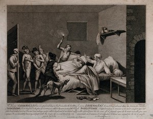 view The followers of Robespierre entering the prison cell in which Loizerolles father and son are kept to take the son away for execution. Stipple engraving by G. Aliprandi after J.H. Fragonard.