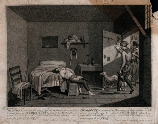The gaoler opening the door of the prison cell to find Condorcet lying on his bed, having committed suicide. Stipple engraving by Idnarpile after J. H. Fragonard.