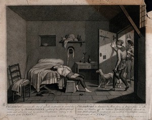 view The gaoler opening the door of the prison cell to find Condorcet lying on his bed, having killed himself. Stipple engraving by G. Aliprandi after J.H. Fragonard.