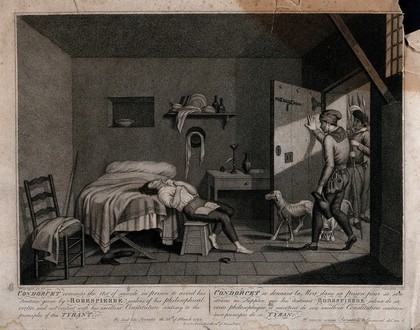 The gaoler opening the door of the prison cell to find Condorcet lying on his bed, having killed himself. Stipple engraving by G. Aliprandi after J.H. Fragonard.